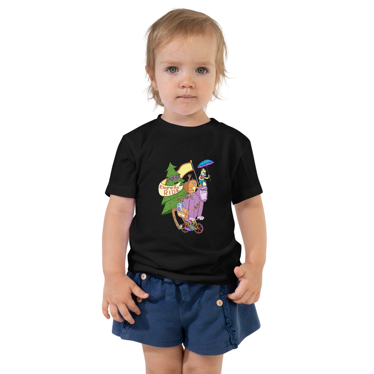 Illustrated sasquatch cycling artwork on a kids t-shirt from Danvillage Art Lab