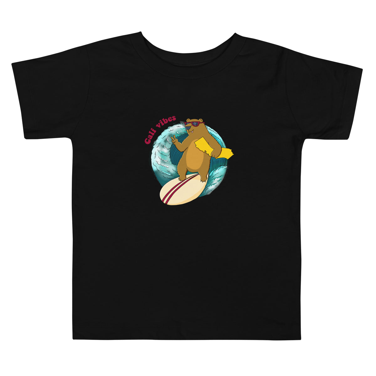 Hand-drawn surfing bear illustration on a warm retro-styled toddler shirt