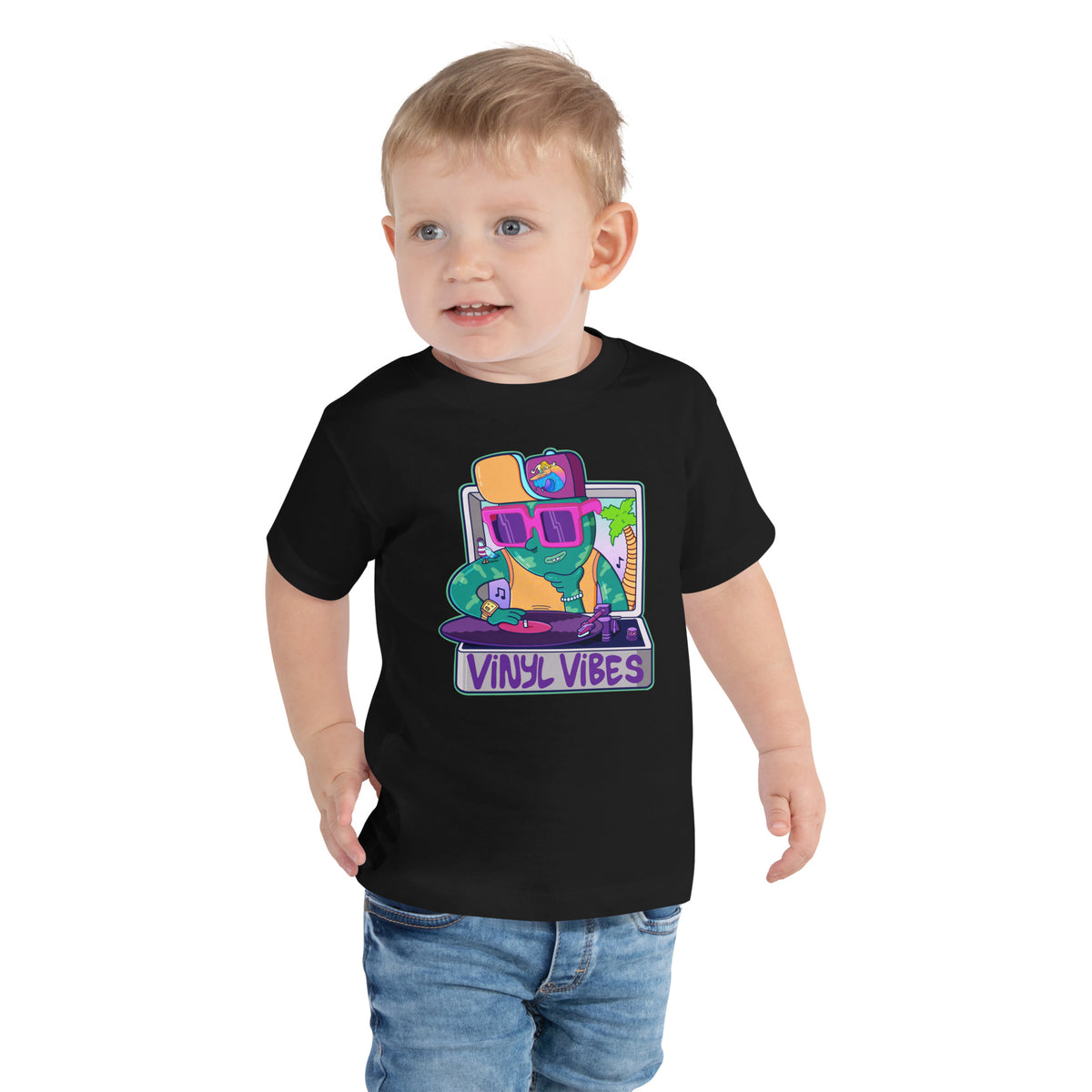 Vinyl Vibes artwork on an illustrated toddler tee for record-loving families