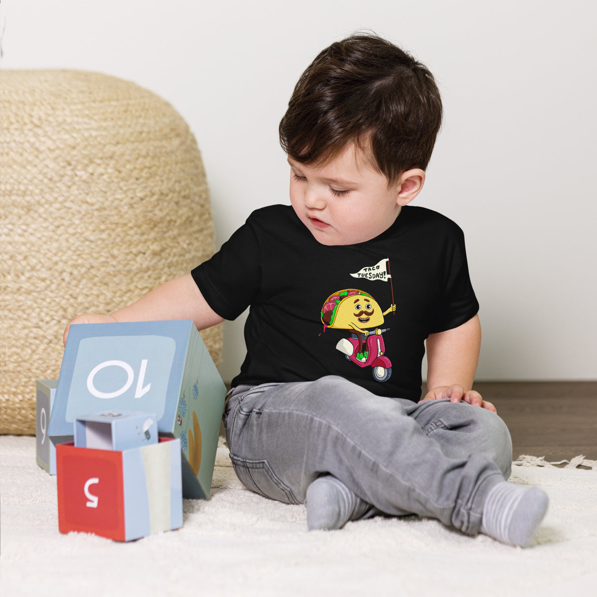 Gift-ready illustrated toddler tee for taco-loving toddlers, featuring a bold Taco Tuesday graphic