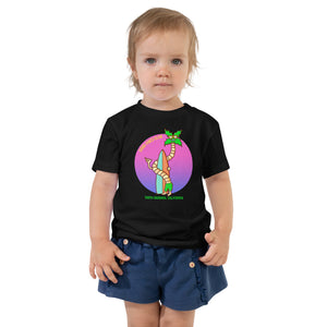 Good Vibes Club Santa Barbara California Palm Tree Surfer Toddler Short Sleeve Tee