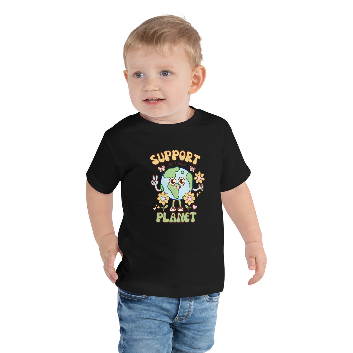 Eco kids tee with original planet artwork by illustrator Daniel Sulzberg