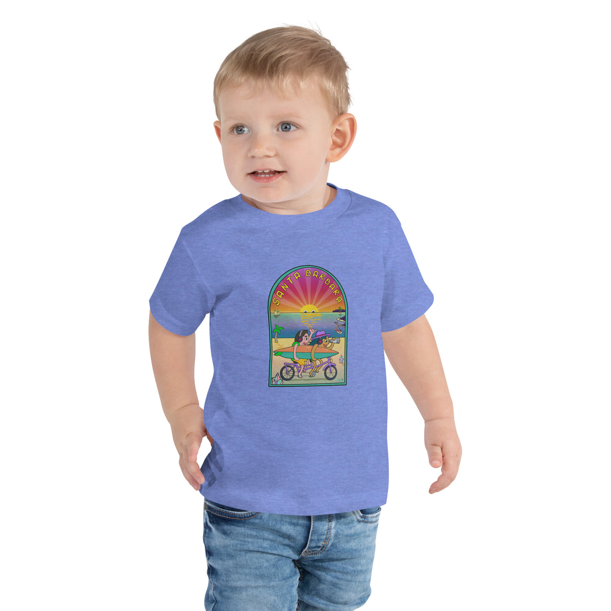 Colourful California surf and sunset artwork on a toddler t-shirt by illustrator Daniel Sulzberg