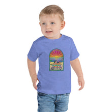 Load image into Gallery viewer, Santa Barbara Life California Sunset bikes Surfing ocean and beach happy bright shirt for kids and toddlers