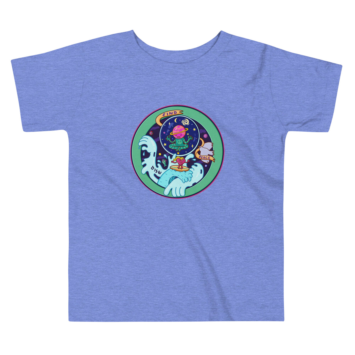 Calm, colourful Find Peace artwork on an illustrated toddler graphic t-shirt