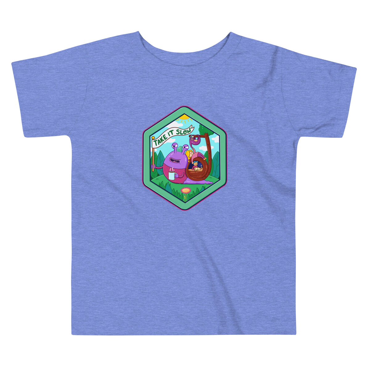 Hand-drawn snail artwork on a toddler t-shirt by Santa Barbara's Danvillage Art Lab