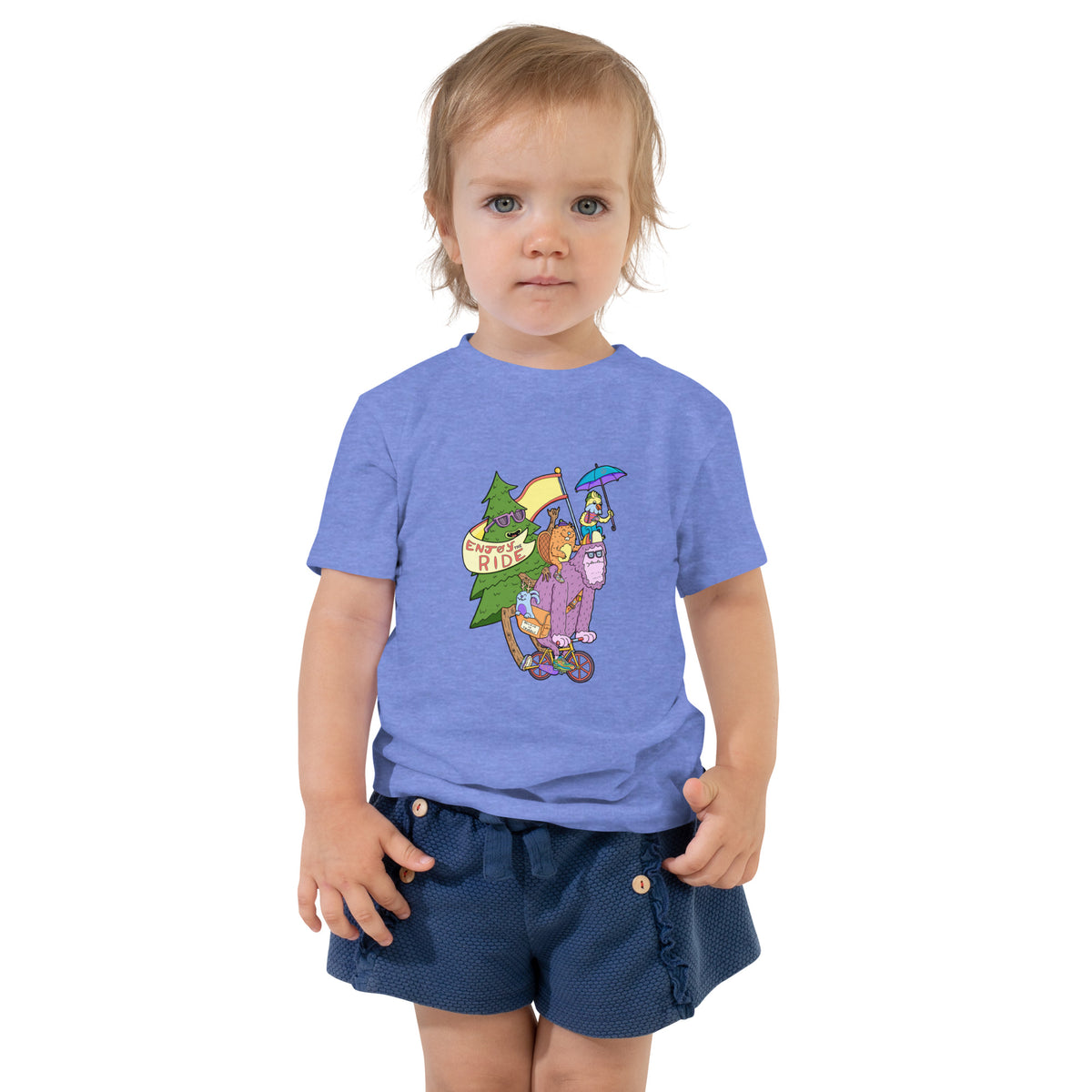 Hand-drawn cryptid on a bicycle, a playful gift tee for toddlers and preschoolers
