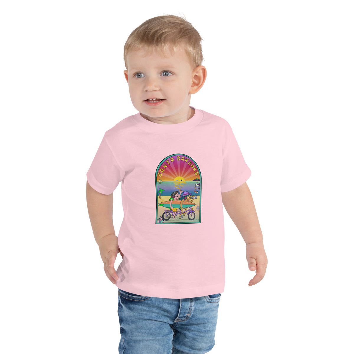 Hand-drawn ocean, surfboard and beach cruiser toddler tee for young California beach lovers
