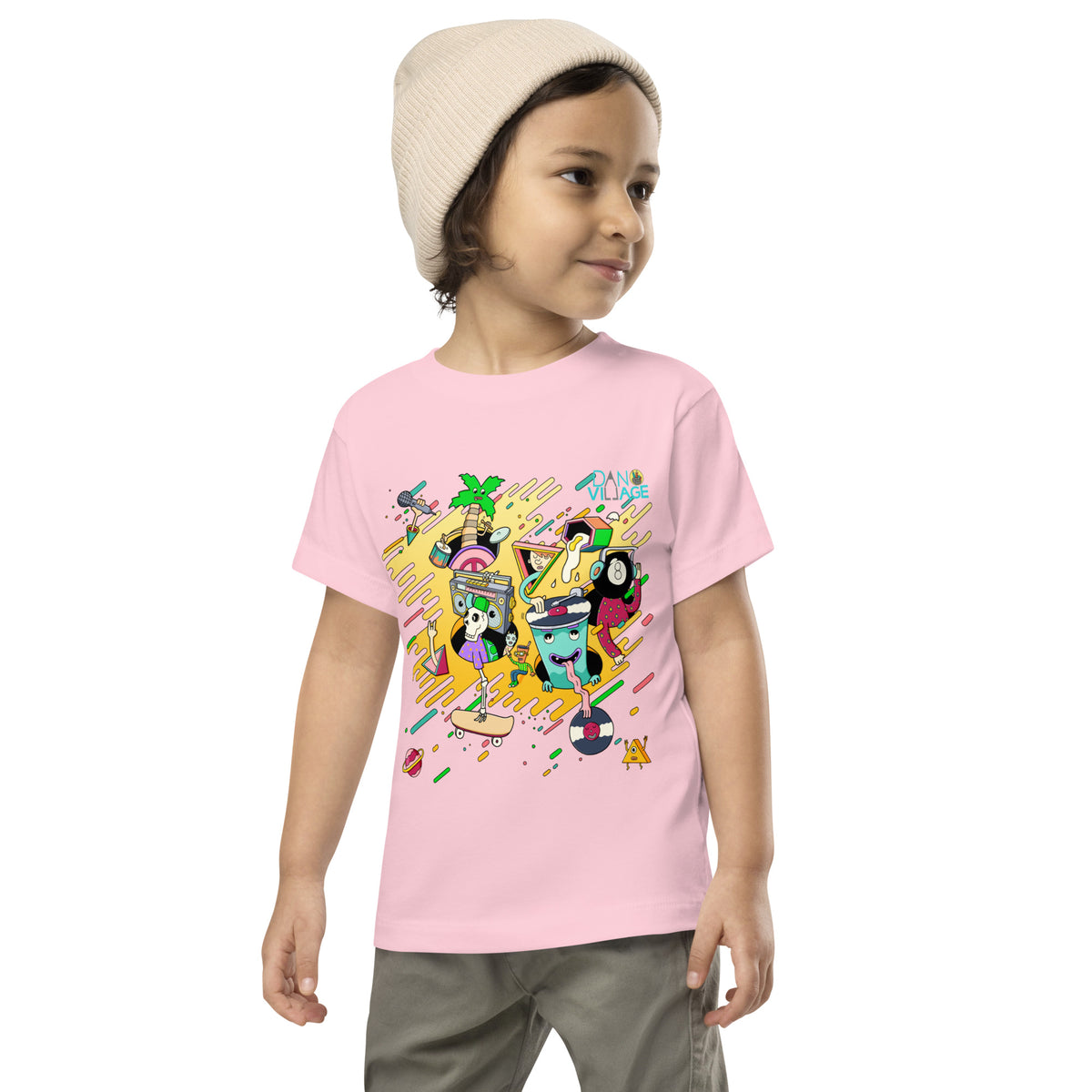 Hip hop character artwork on an illustrated toddler tee for skater families