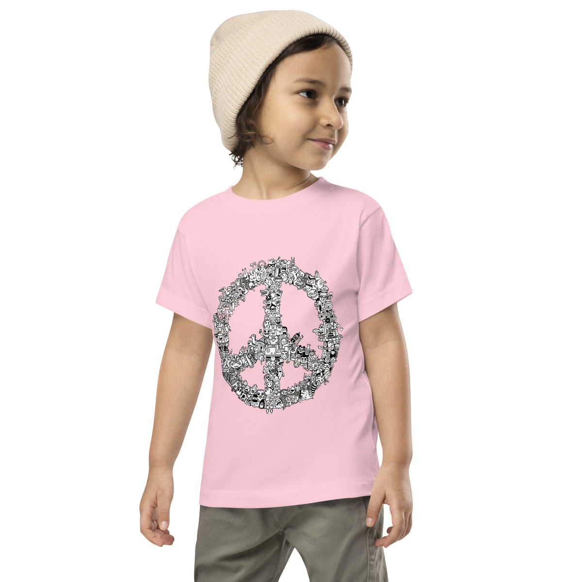 Original peace artwork on a toddler graphic t-shirt for summer and hand-me-downs