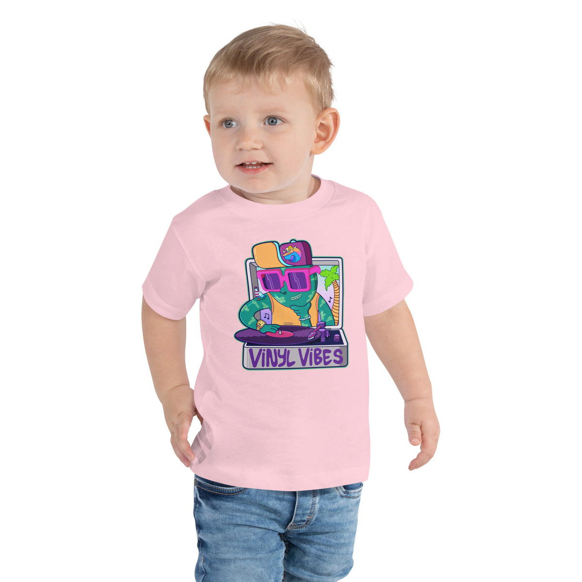 Vinyl Vibes illustrated toddler tee, an original hand-drawn record player illustration