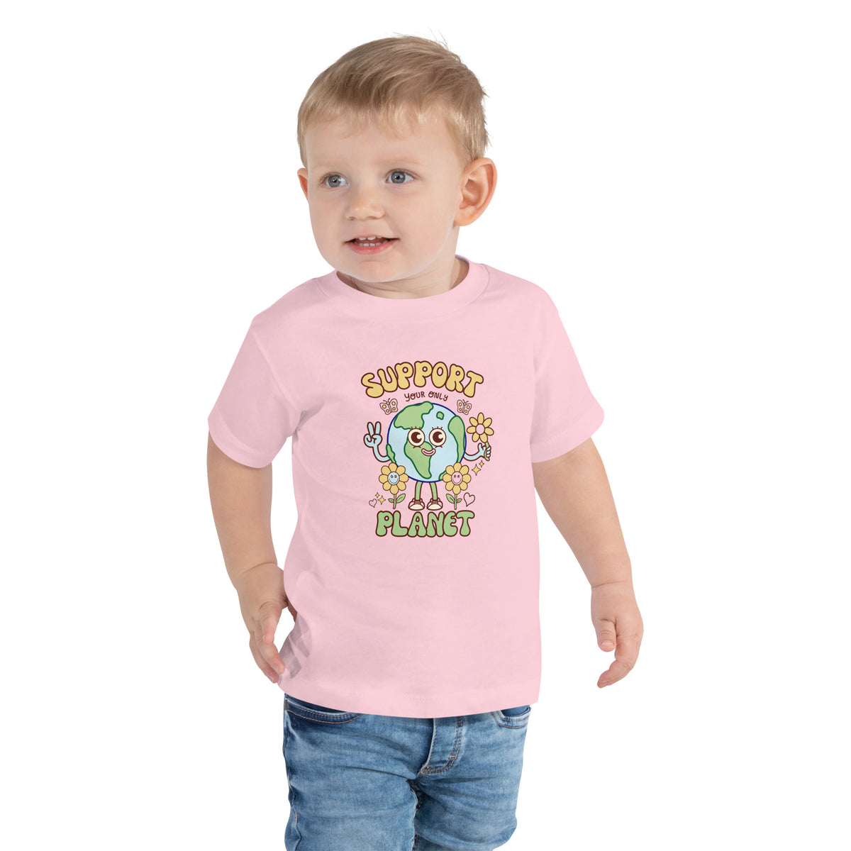 Cheerful cartoon Earth artwork on a bright toddler tee from Danvillage Art Lab