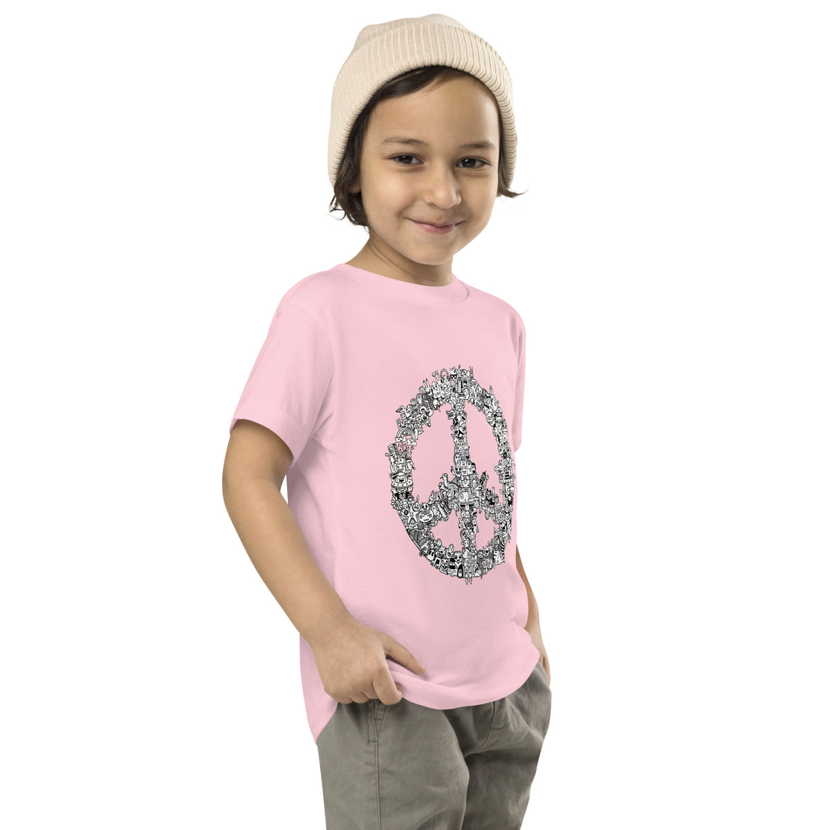 Warm illustrated peace doodle toddler shirt by illustrator Daniel Sulzberg