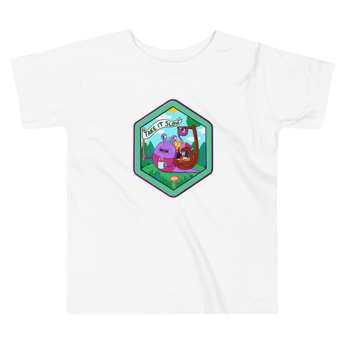 Take It Slow illustrated kids tee with warm colours and an original snail character