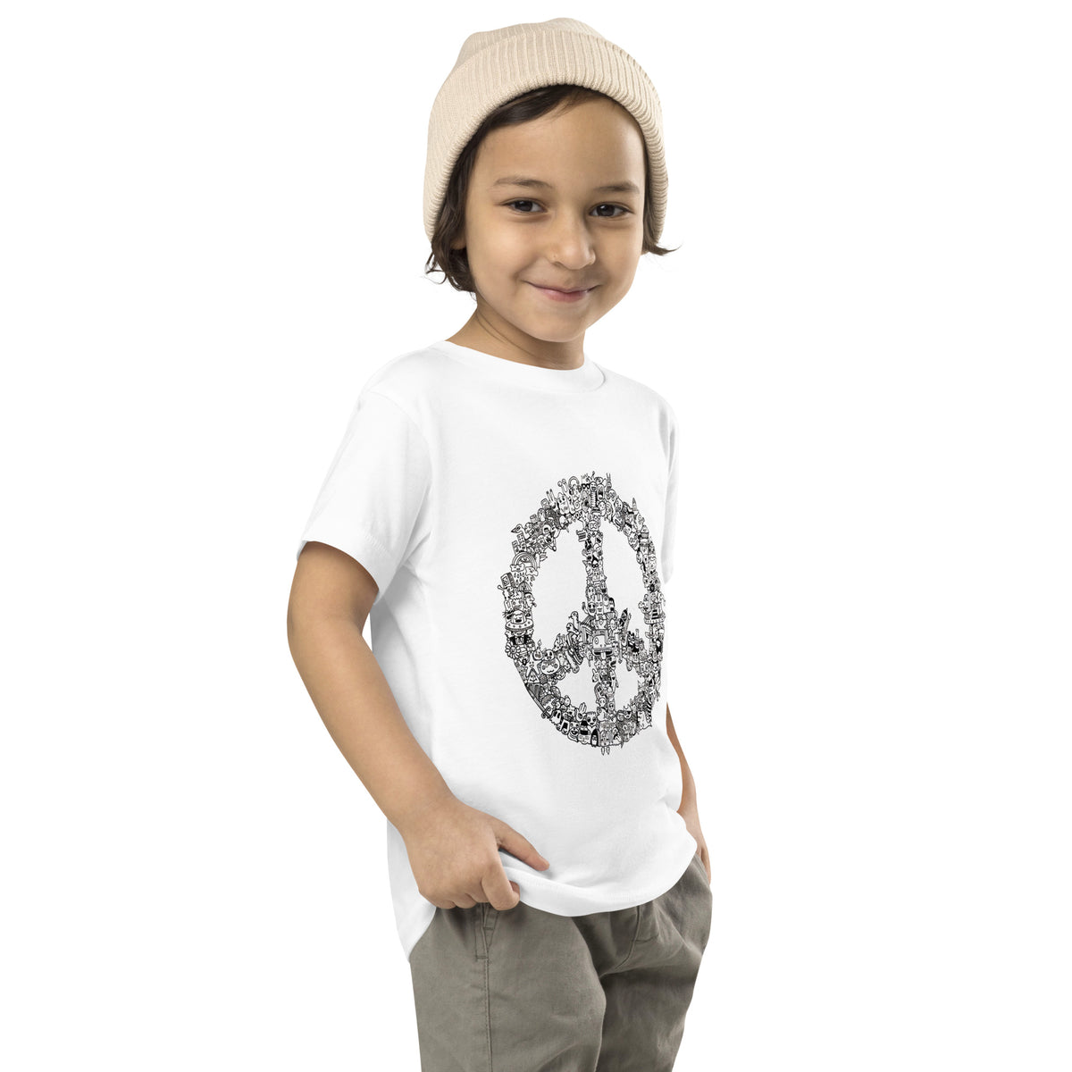 Illustrated retro peace symbol toddler tee drawn in a warm boho doodle style