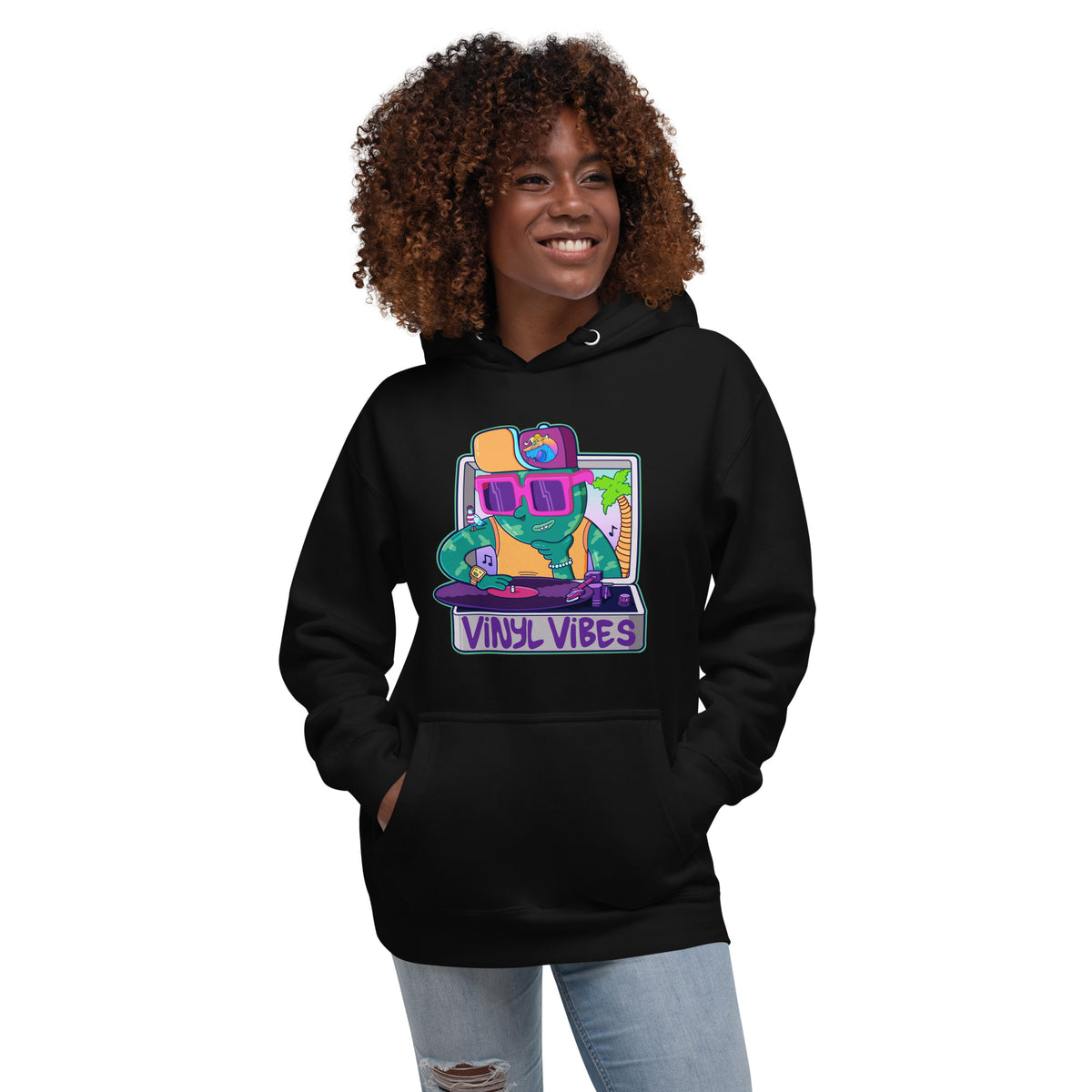 Colorful hand-drawn hoodie built around a bold turntable design by Danvillage Art Lab