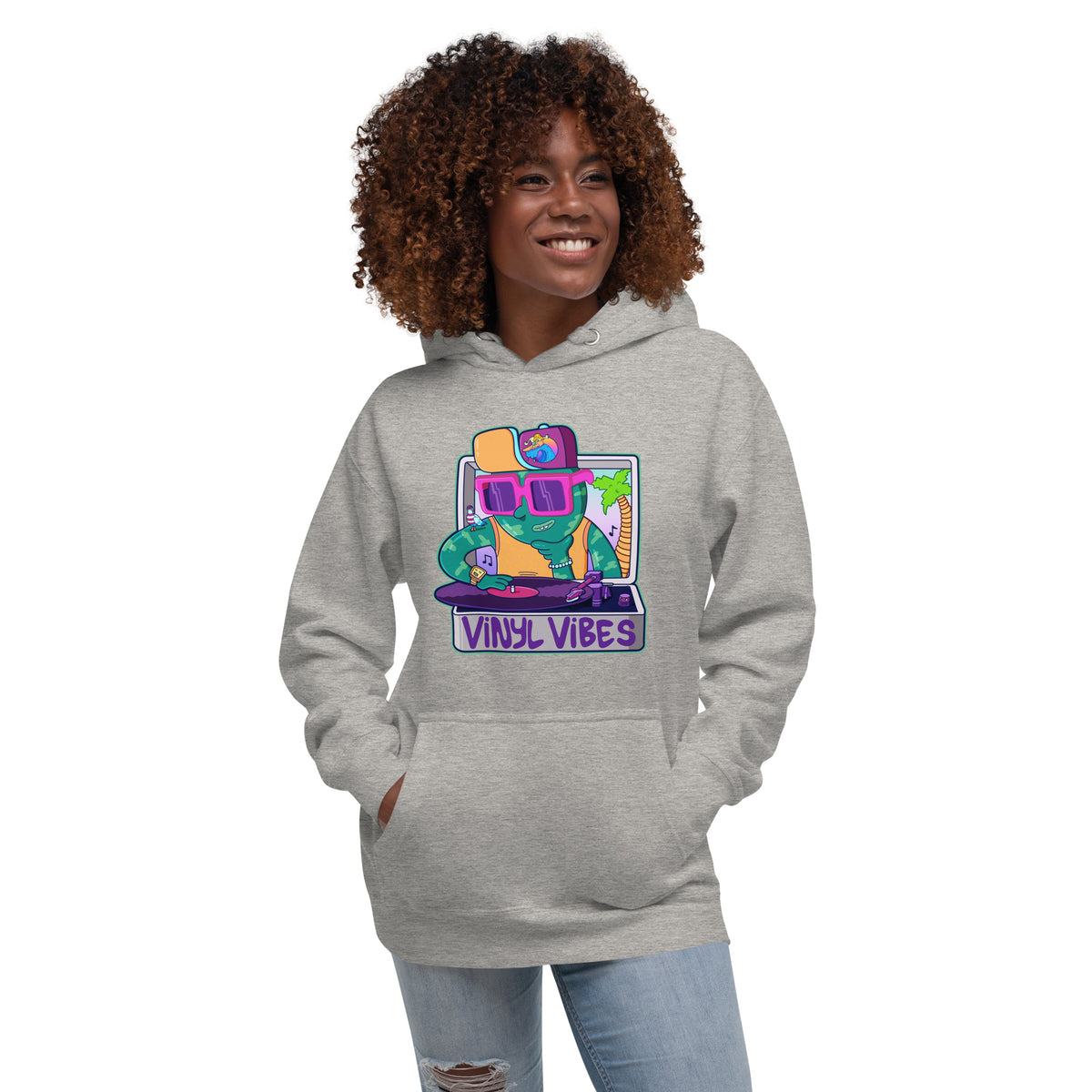Gift-ready illustrated pullover hoodie for slow Sundays spent listening to records, featuring a bold turntable design
