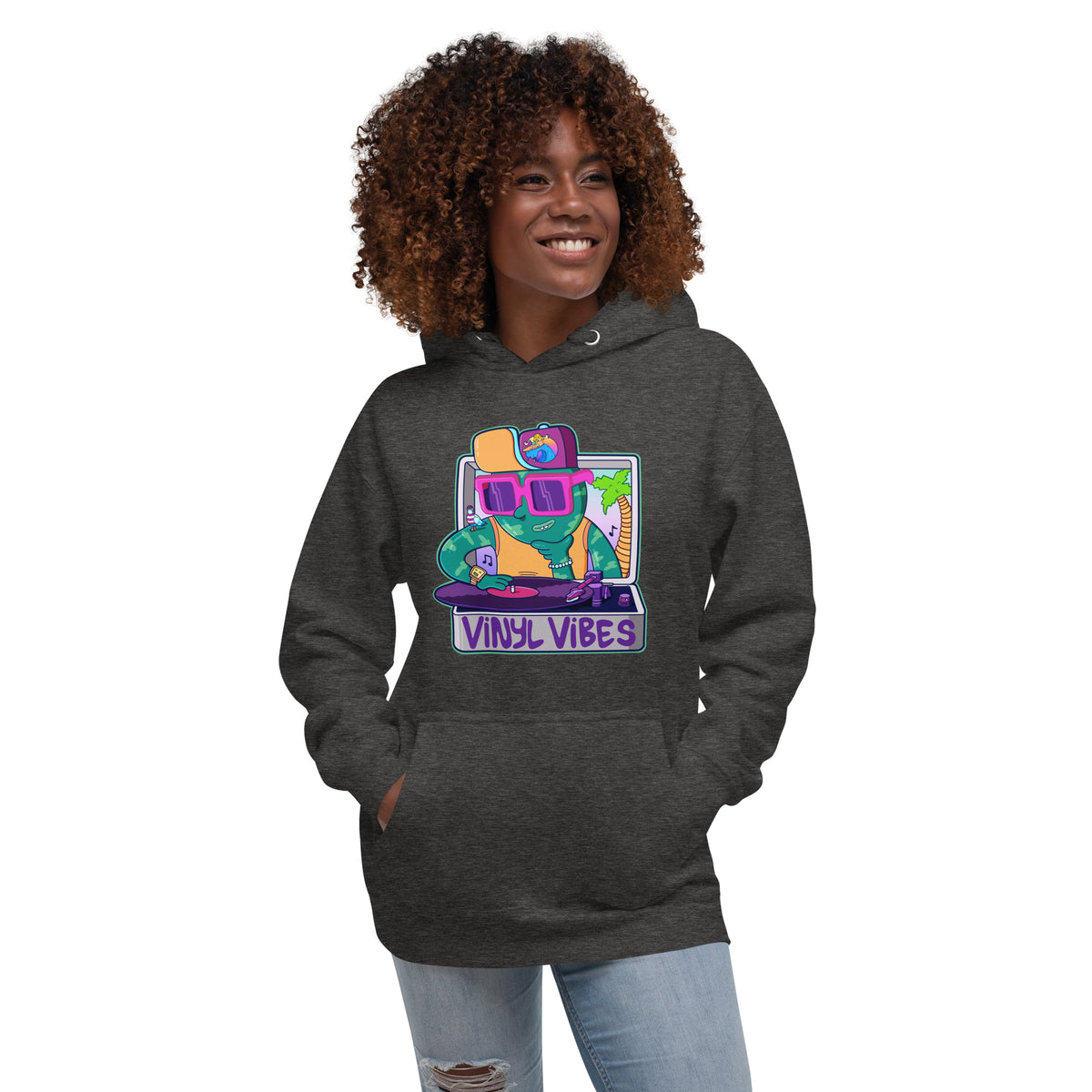 Music lover sweatshirt featuring a retro record player graphic by Danvillage Art Lab