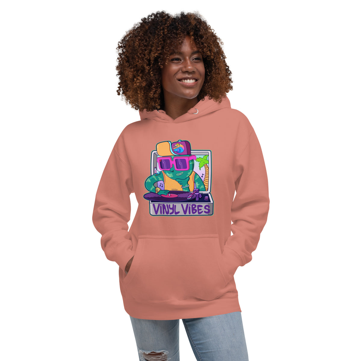 Vinyl Vibes music lover sweatshirt, an original hand-drawn record player illustration