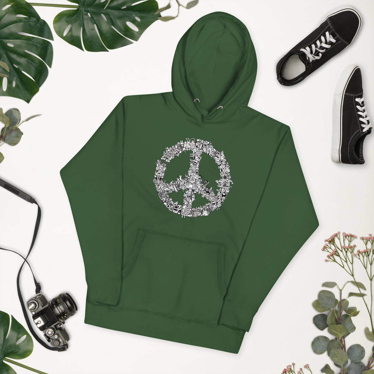 Cosy unisex graphic hoodie with a playful doodled peace sign illustration