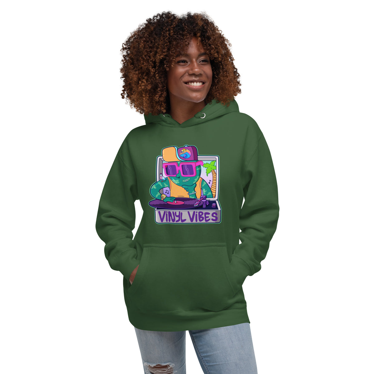Gift-ready illustrated pullover hoodie for record collectors, featuring a bold turntable design