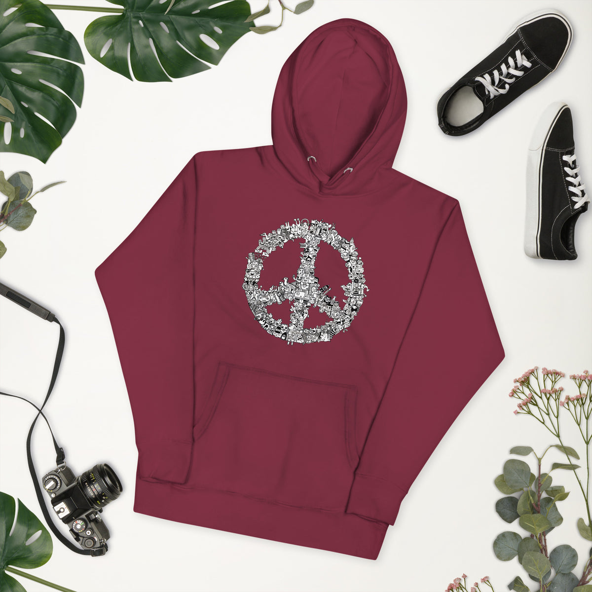 Illustrated peace sign hoodie made from a Santa Barbara artist's original drawing