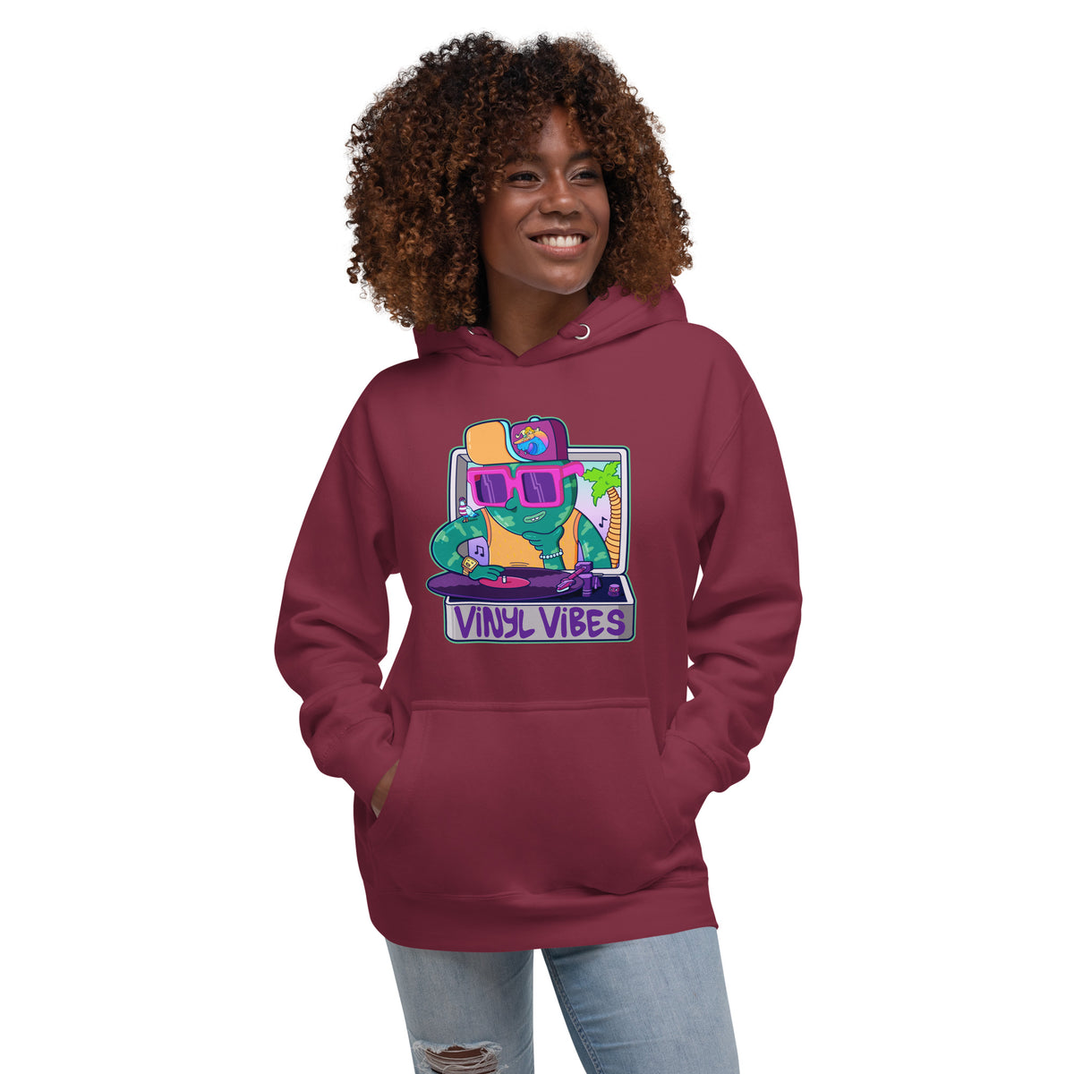 Original illustrated hoodie built around a hand-drawn record player illustration by Danvillage Art Lab