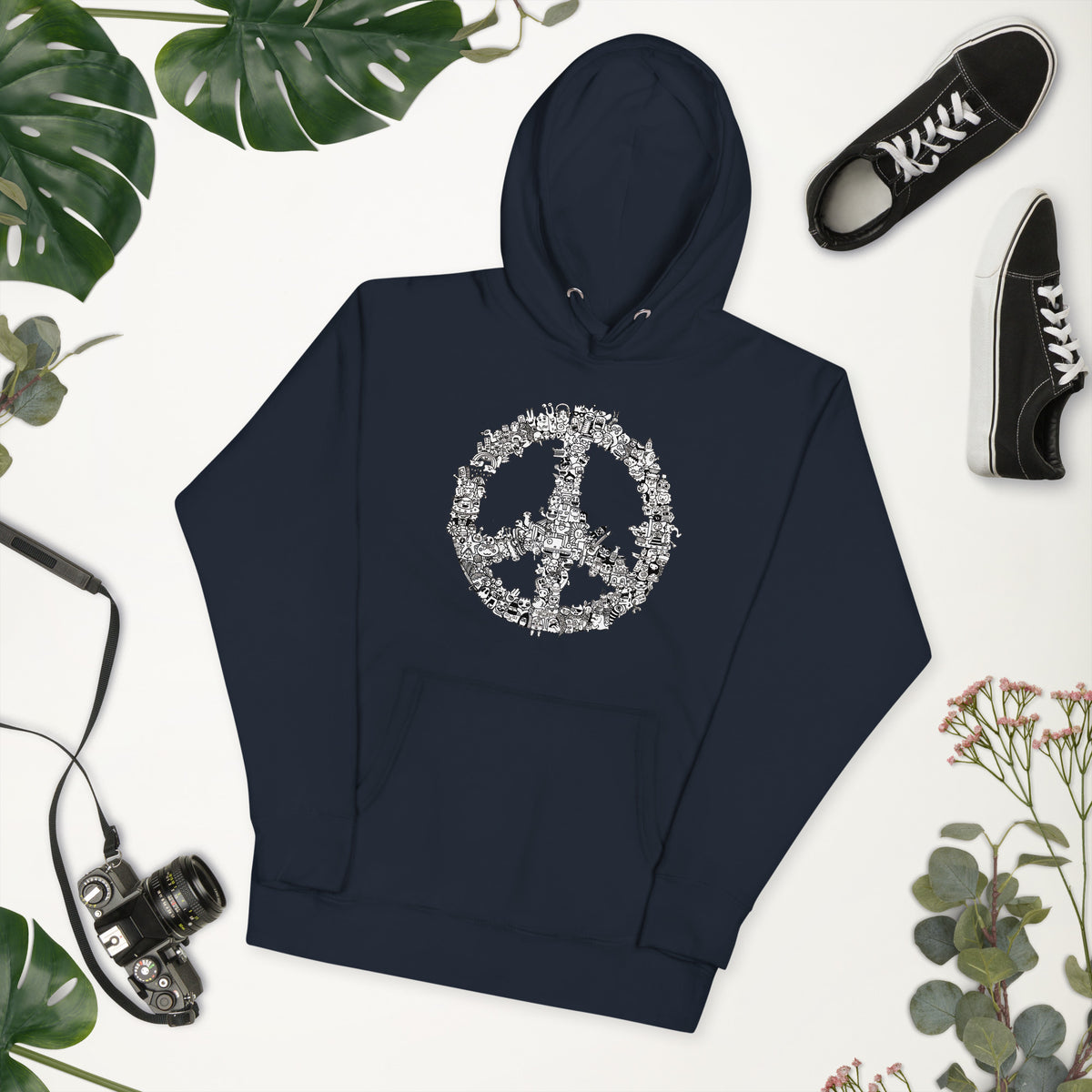Loose doodled peace sign on a comfortable unisex illustrated graphic sweatshirt