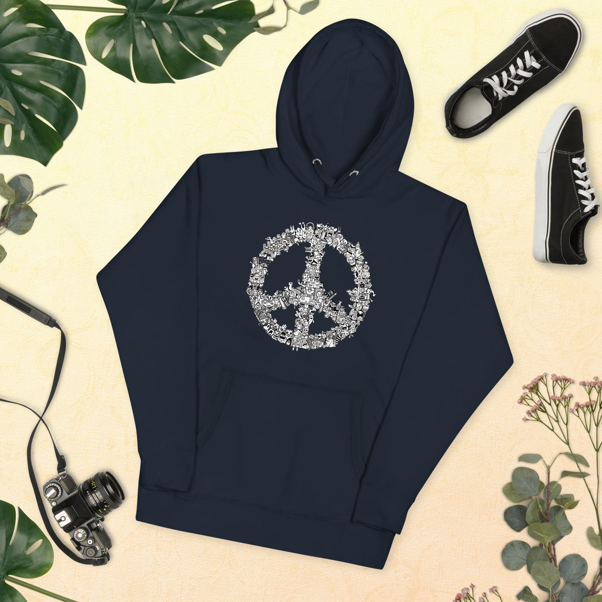 Illustrated wearable art hoodie with an original peace sign by Danvillage Art Lab