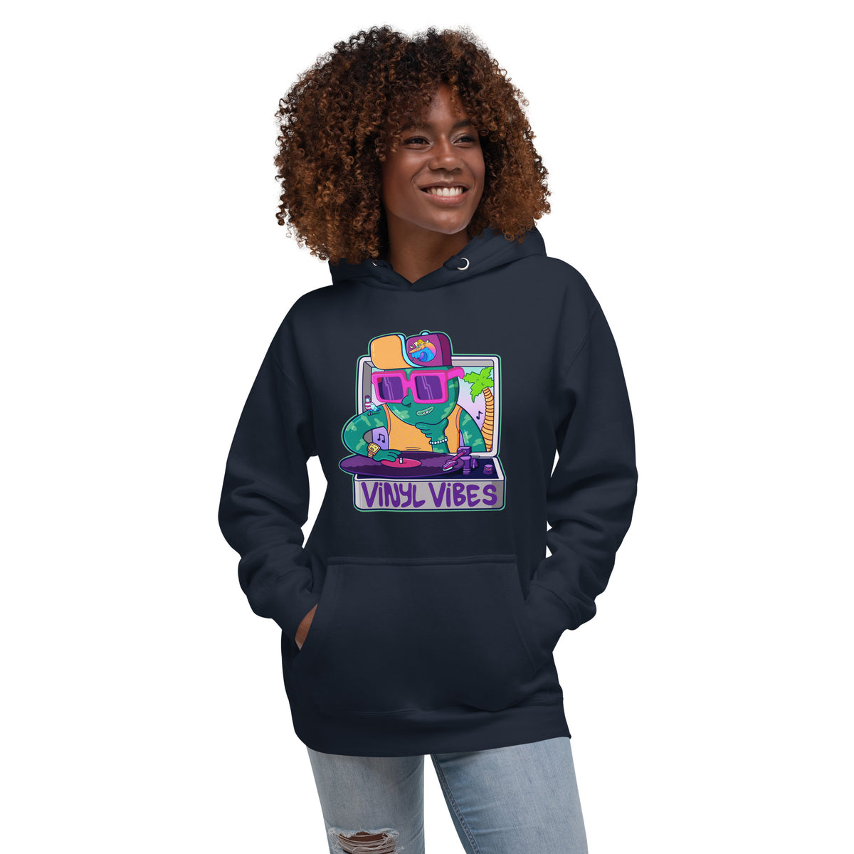 Hoodie with a retro record player graphic, made for music fans by Danvillage Art Lab