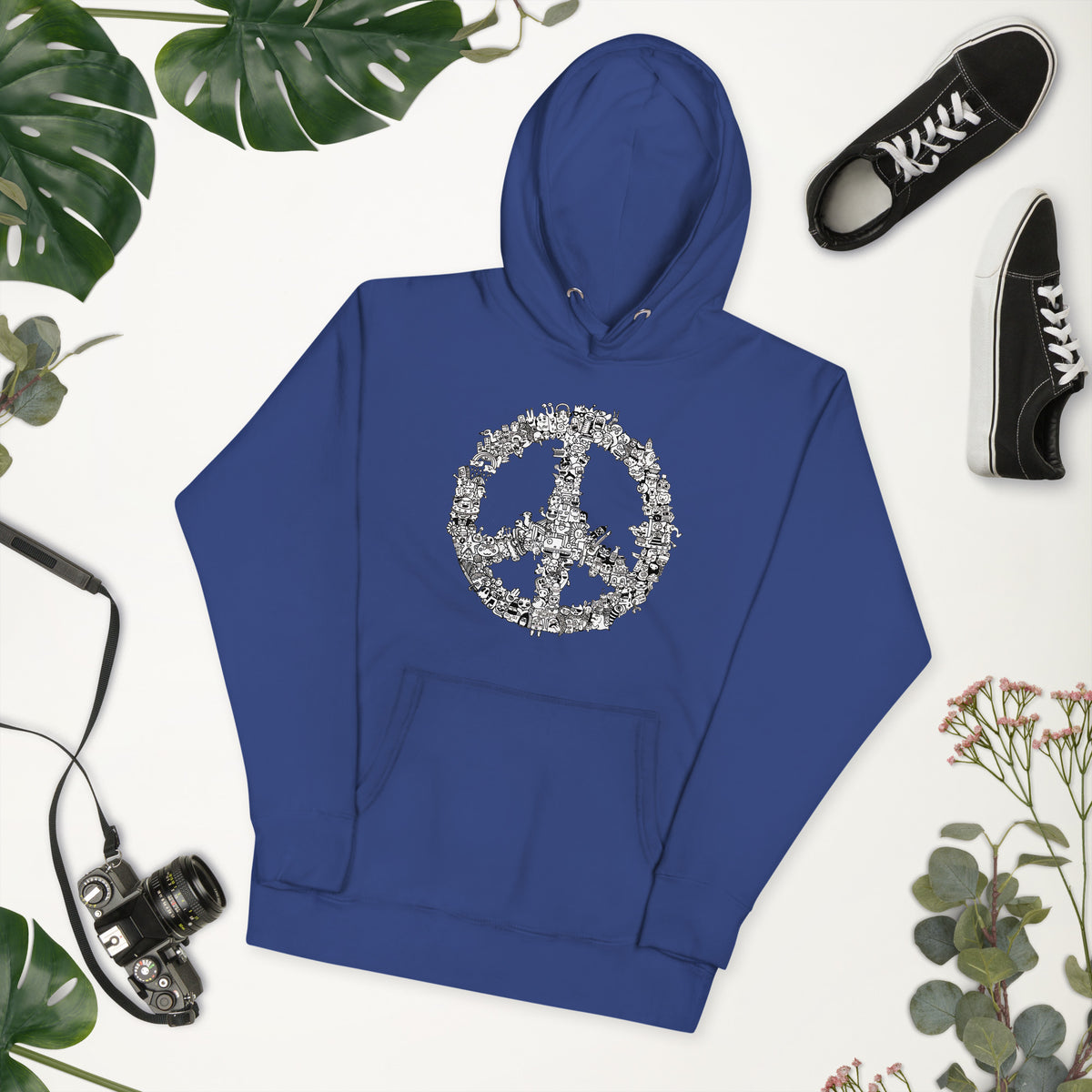 Adult hoodie featuring a relaxed hand-drawn peace symbol from Danvillage Art Lab