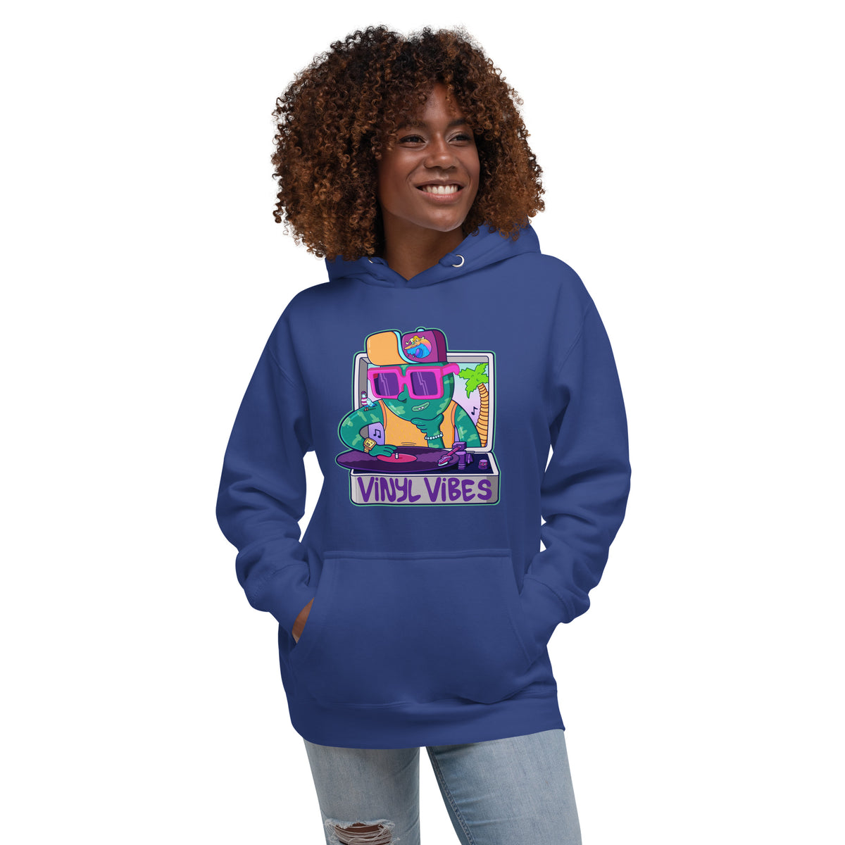 Original illustrated music lover sweatshirt built around a hand-drawn record player illustration by Danvillage Art Lab