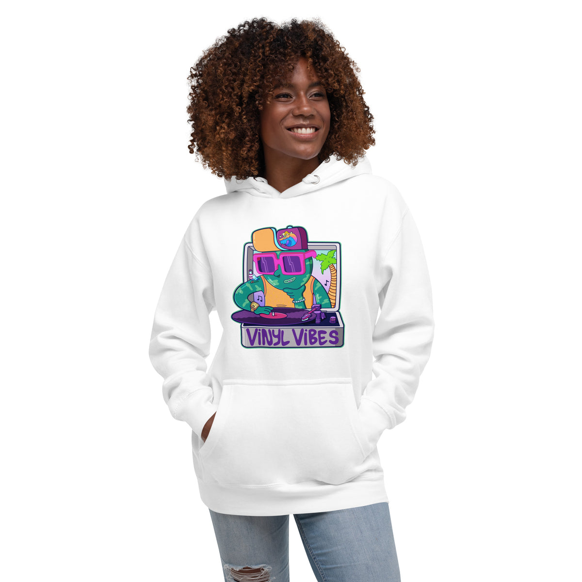Vinyl Vibes graphic hoodie, an original illustrated record player design