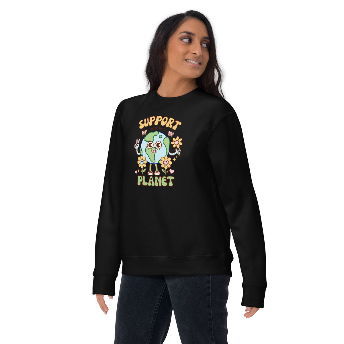 Hand-drawn happy planet artwork on a cosy unisex graphic sweatshirt for everyday wear