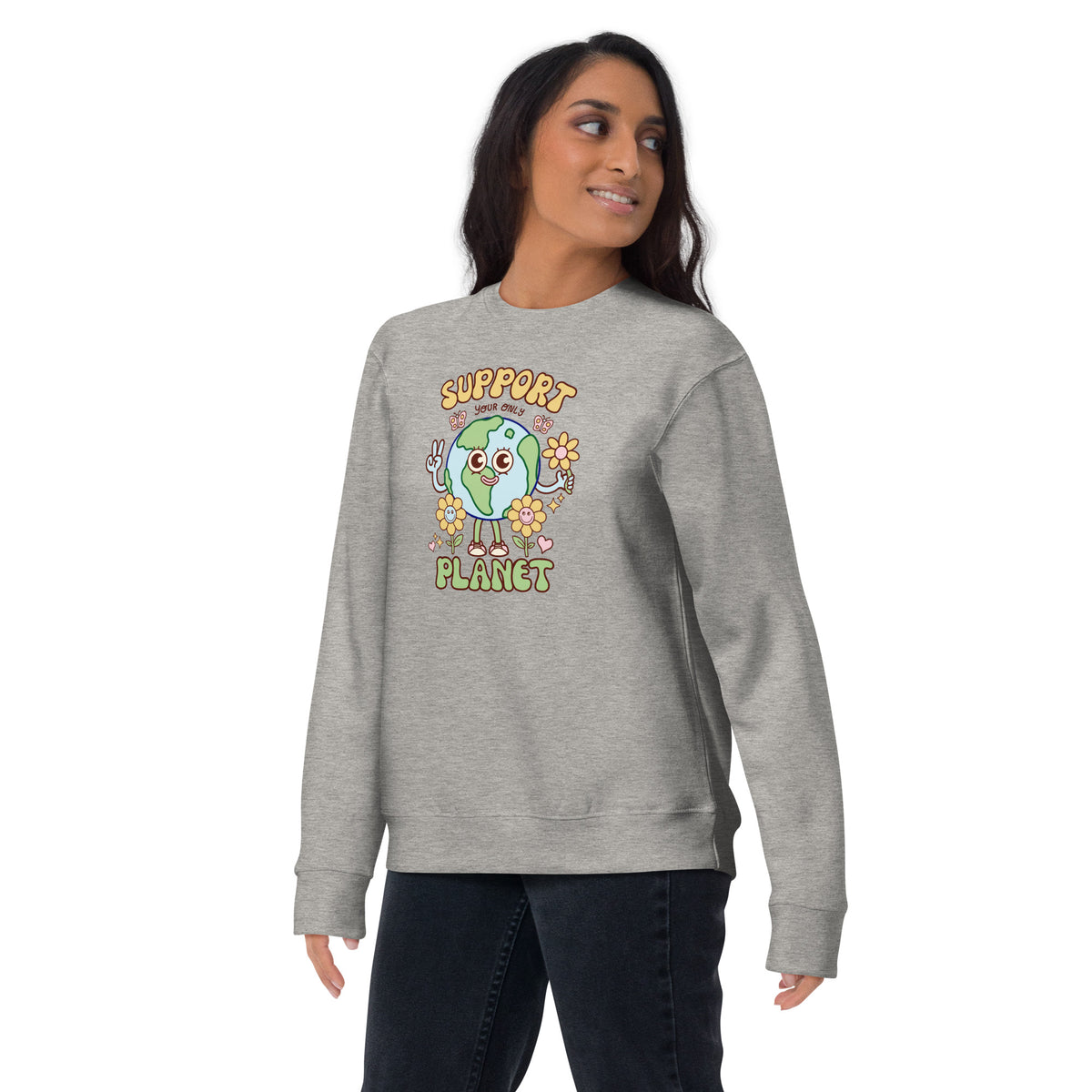 Smiling Earth artwork sweatshirt, colourful wearable art from Danvillage Art Lab