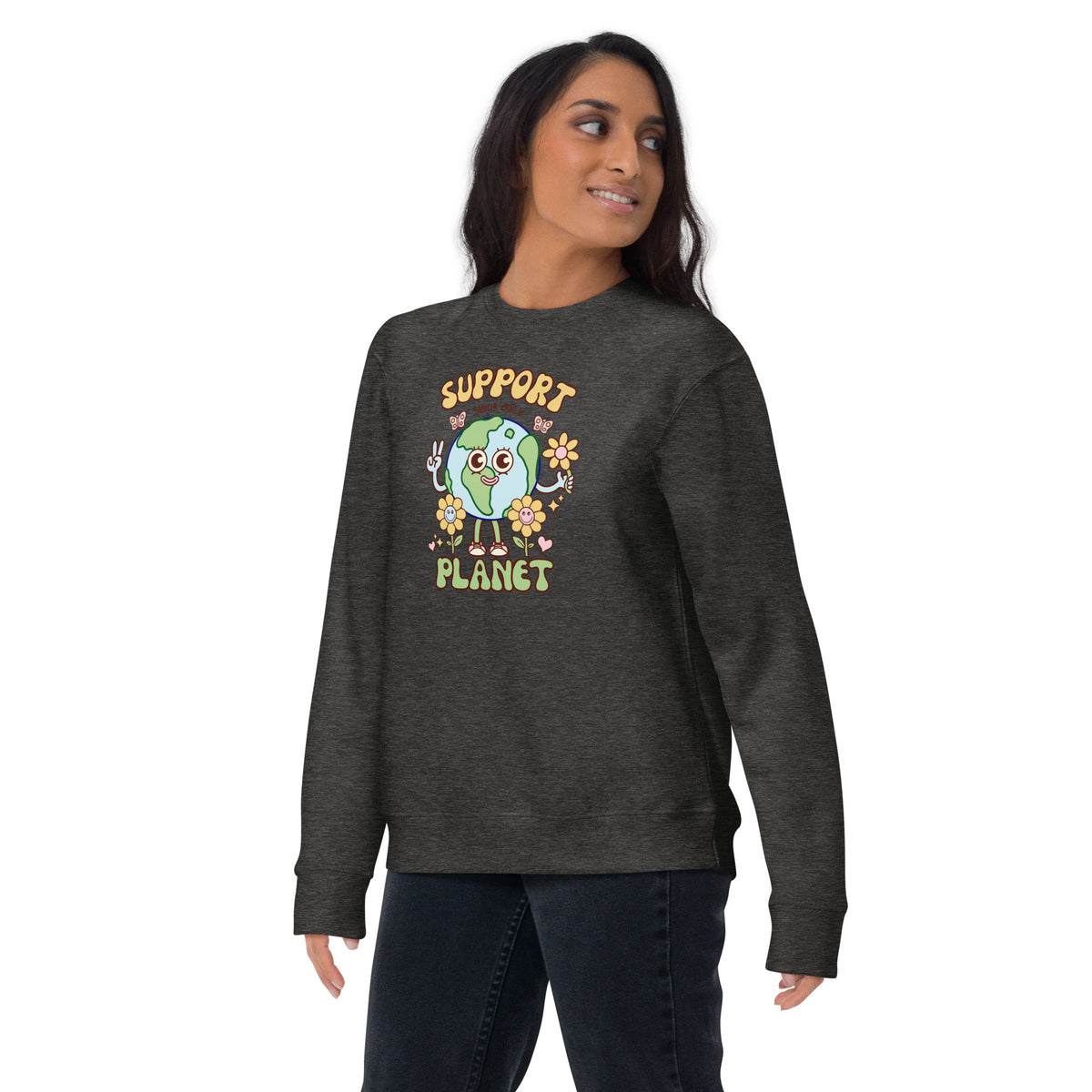 Positive Earth Day message sweatshirt with colourful original character artwork
