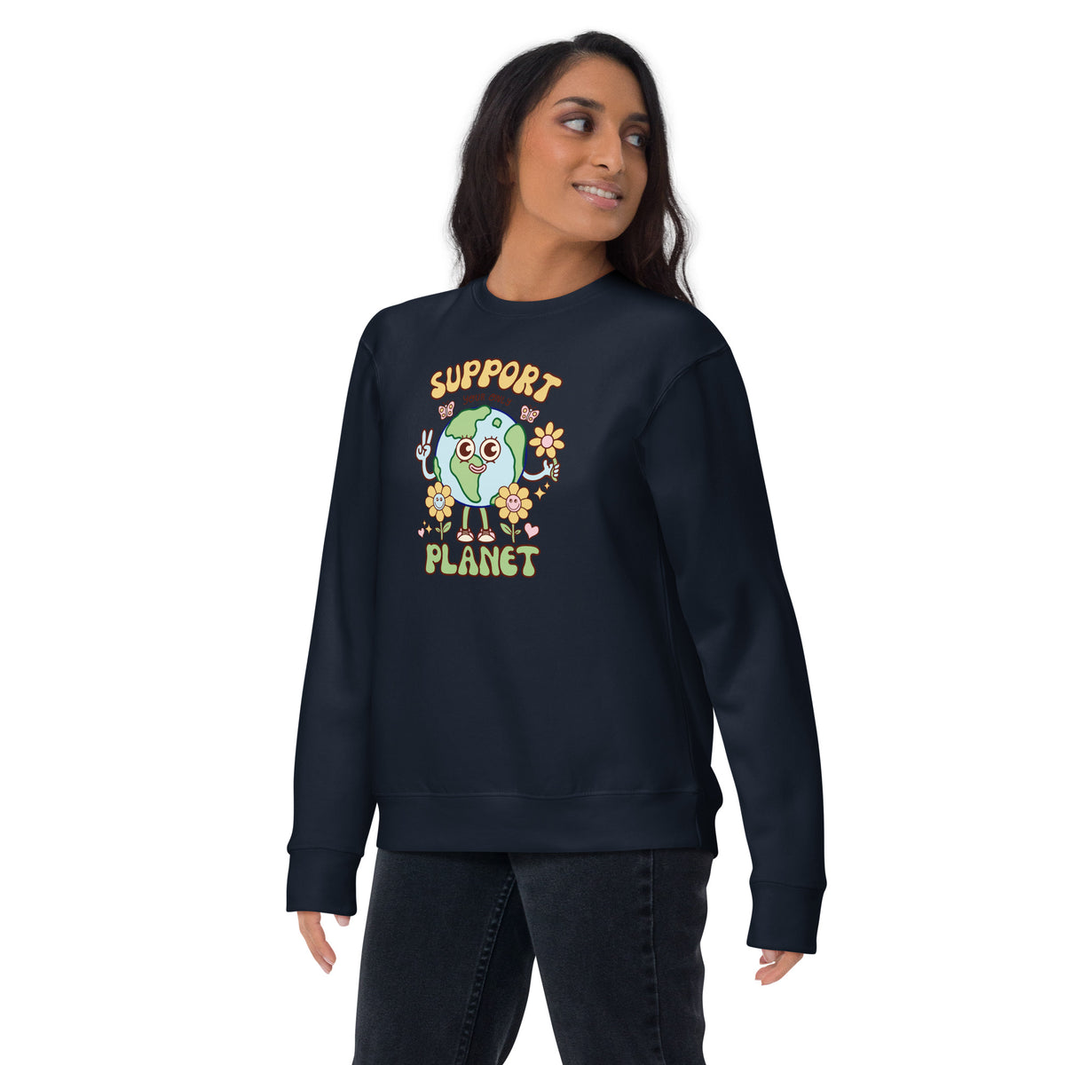 Cheerful cartoon Earth sweatshirt by Santa Barbara illustrator Daniel Sulzberg
