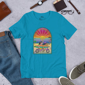 Santa Barbara Life California Sunset bikes Surfing ocean and beach happy bright Unisex t-shirt