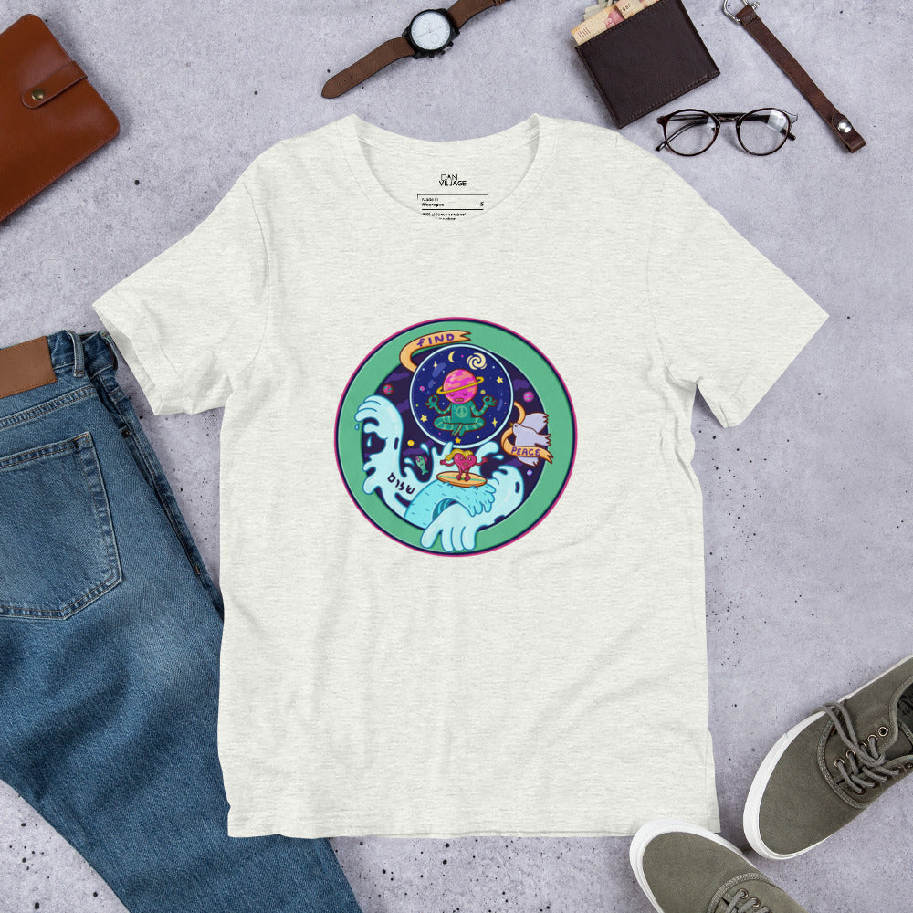 Illustrated zen t-shirt with character-driven artwork and a calm two-word message