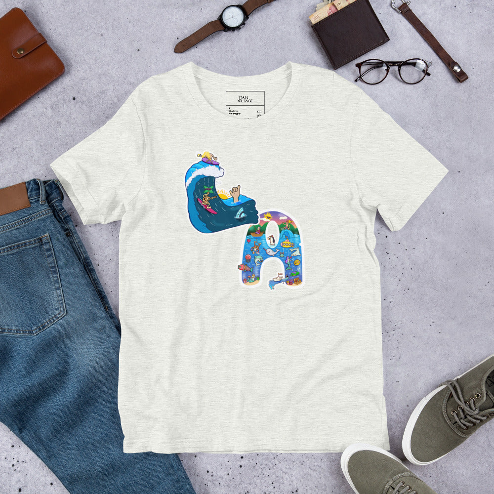 Beach graphic t-shirt featuring a sunny ocean and surf illustration by illustrator Daniel Sulzberg