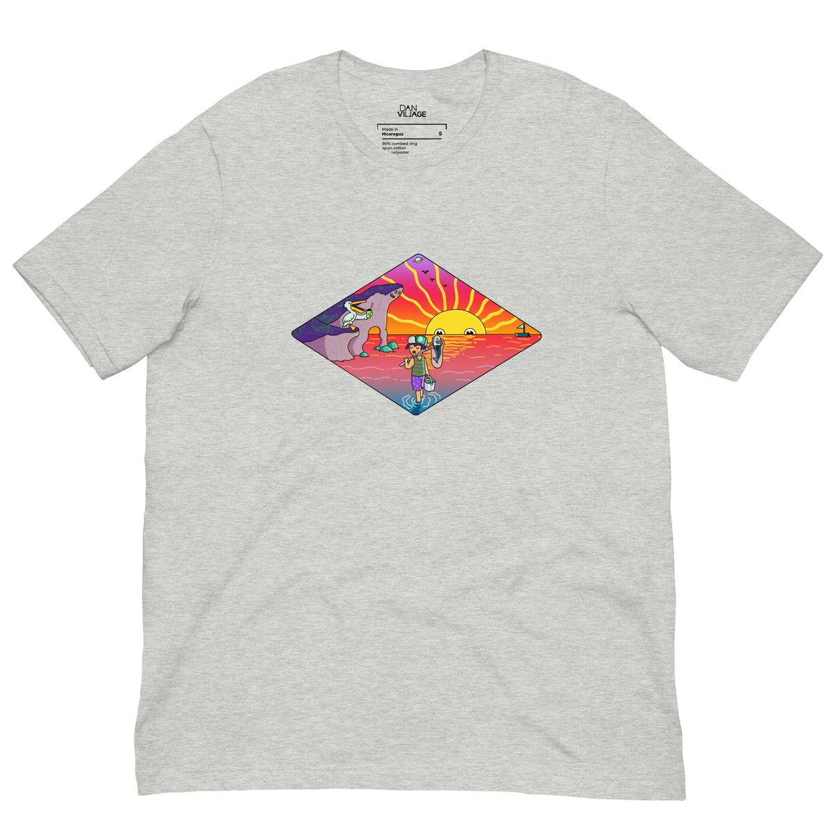 Fishing and sunset illustration on a colourful tee by illustrator Daniel Sulzberg
