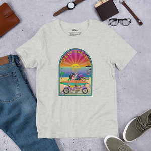 Santa Barbara Life California Sunset bikes Surfing ocean and beach happy bright Unisex t-shirt