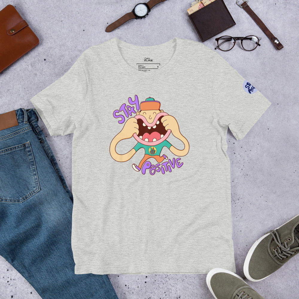 Cheerful smiley illustration on a wearable art t-shirt by illustrator Daniel Sulzberg