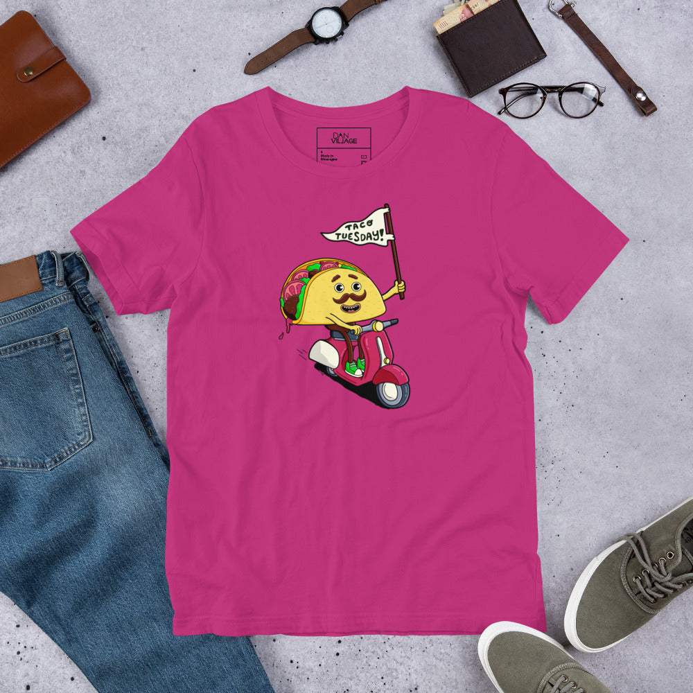 Playful hand-drawn t-shirt built around a bold Taco Tuesday graphic by Santa Barbara illustrator Daniel Sulzberg