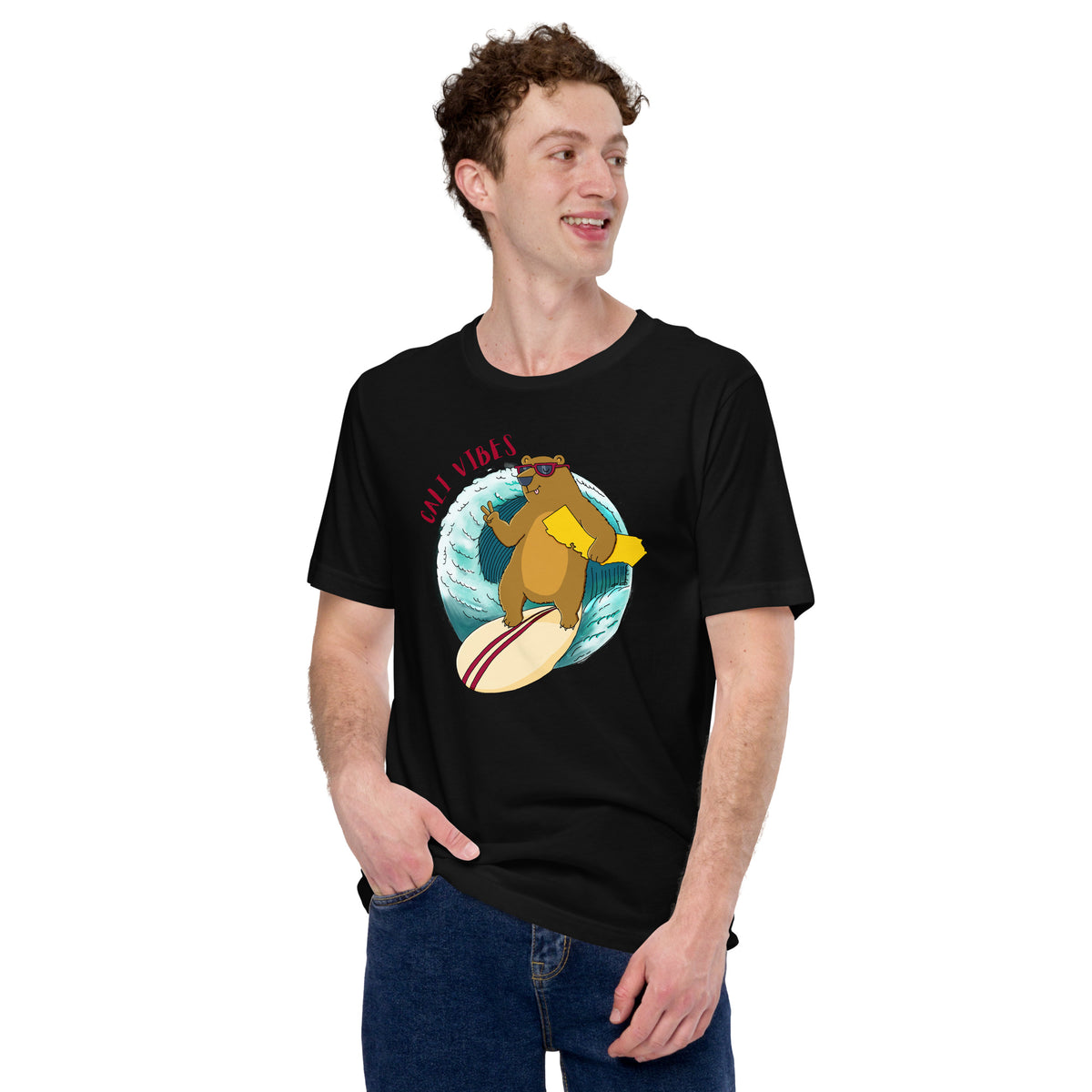 Surfing bear throwing a shaka on an illustrated California tee by Danvillage Art Lab