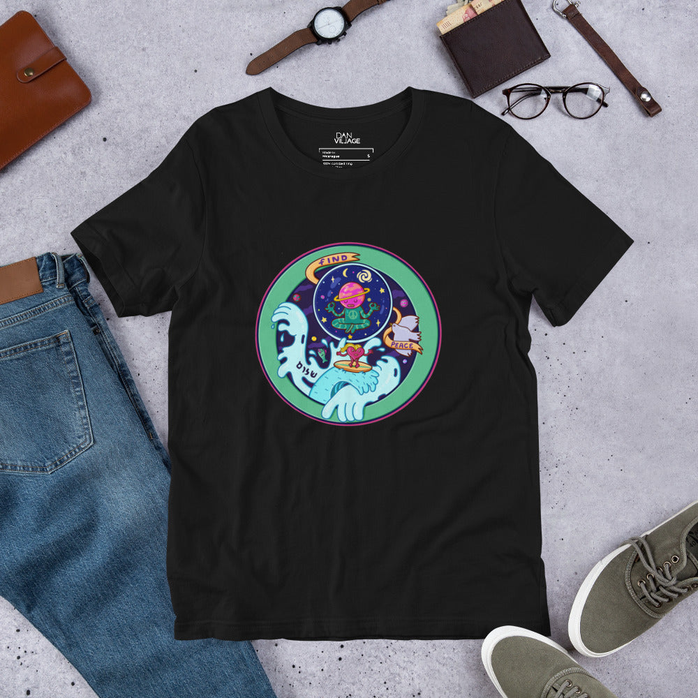 Warm popwhimsy Find Peace artwork on a graphic t-shirt by Danvillage Art Lab