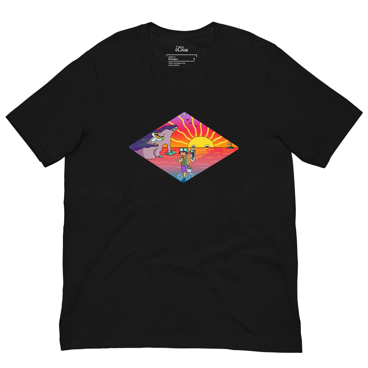Hand-drawn sunset and fishing line tee with a slow, easy island feeling to it