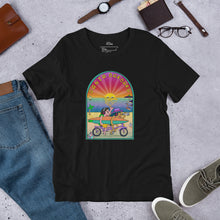 Load image into Gallery viewer, Santa Barbara Life California Sunset bikes Surfing ocean and beach happy bright Unisex t-shirt