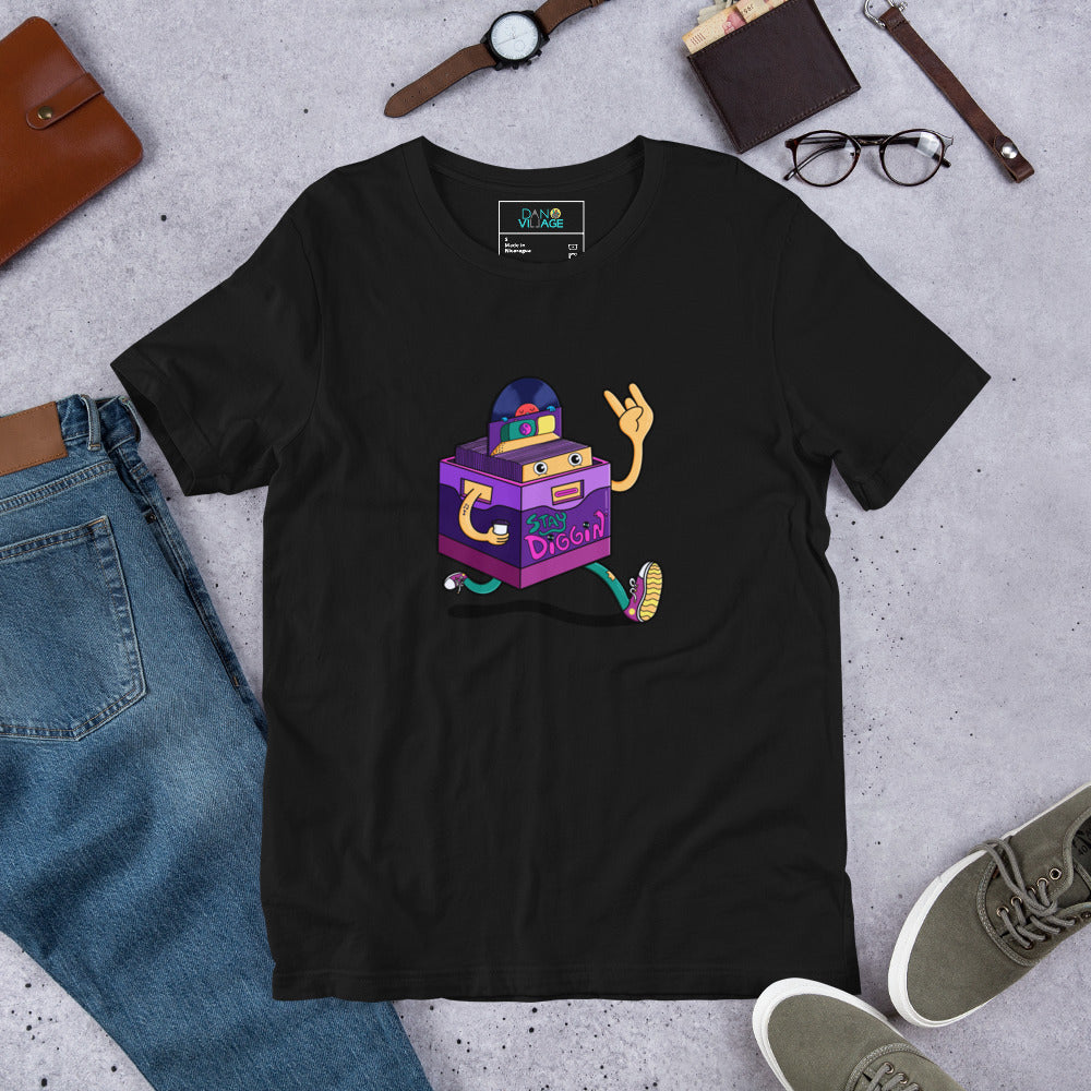 Crate digger tee with original vinyl records artwork for record shop regulars