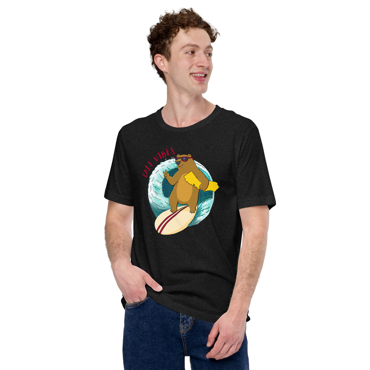 Bold popwhimsy artwork of a bear on a surfboard, printed on a graphic t-shirt